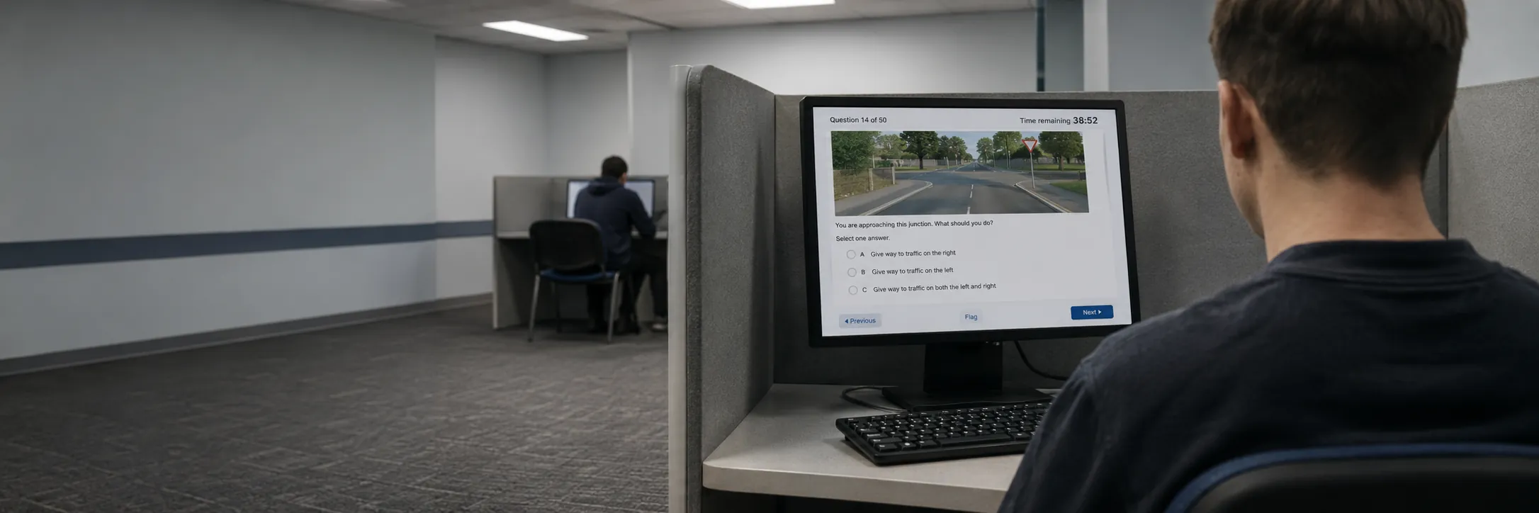A candidate at a computer terminal in a state examination room